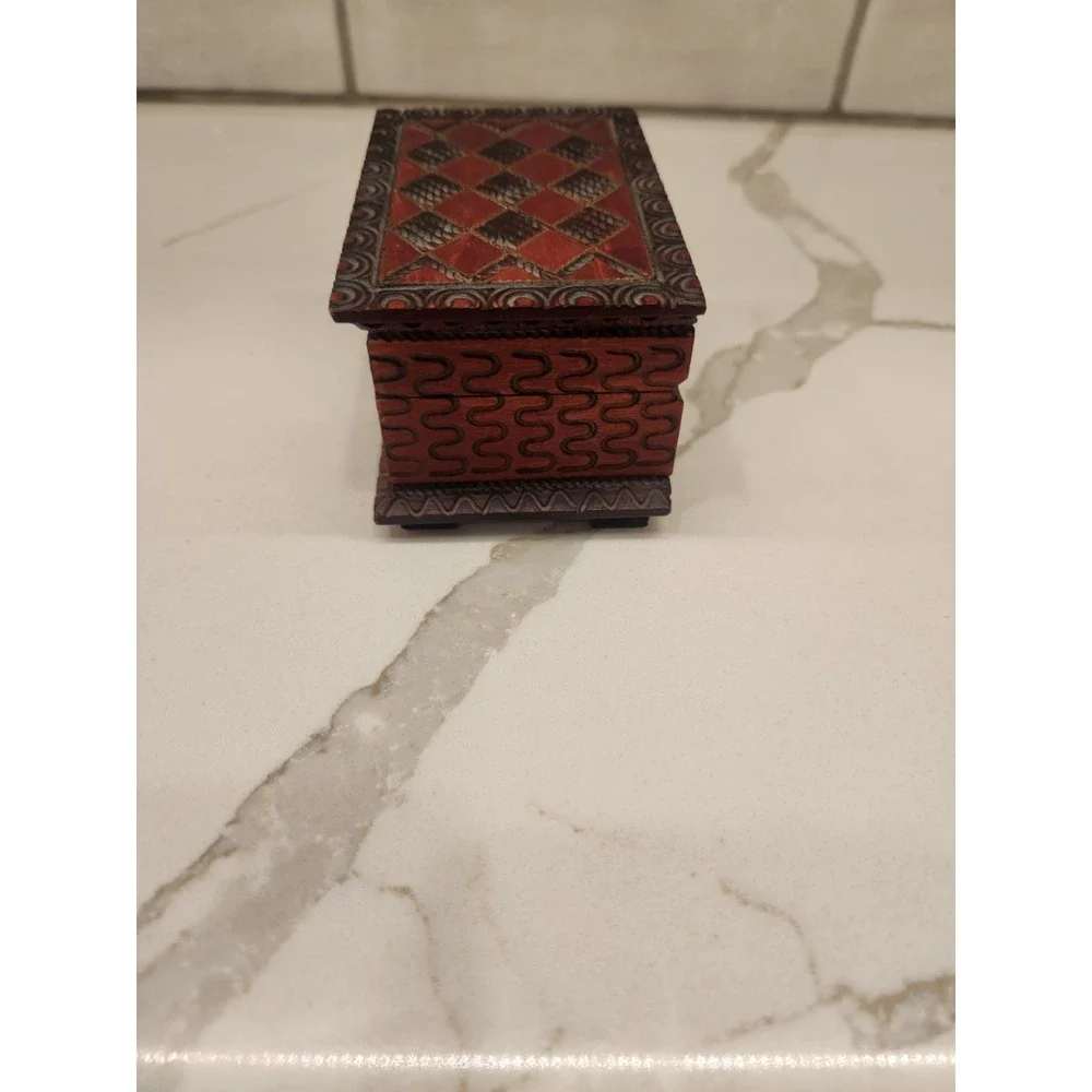 Vintage Wooden Hand Carved Polish Trinket Jewelry Storage Box Made In Poland